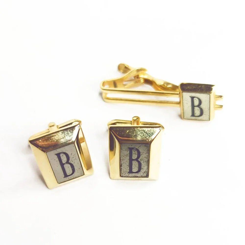 Vintage Swank Gold Tone Cufflinks & Tie Clip Set With Letter B Monogram
